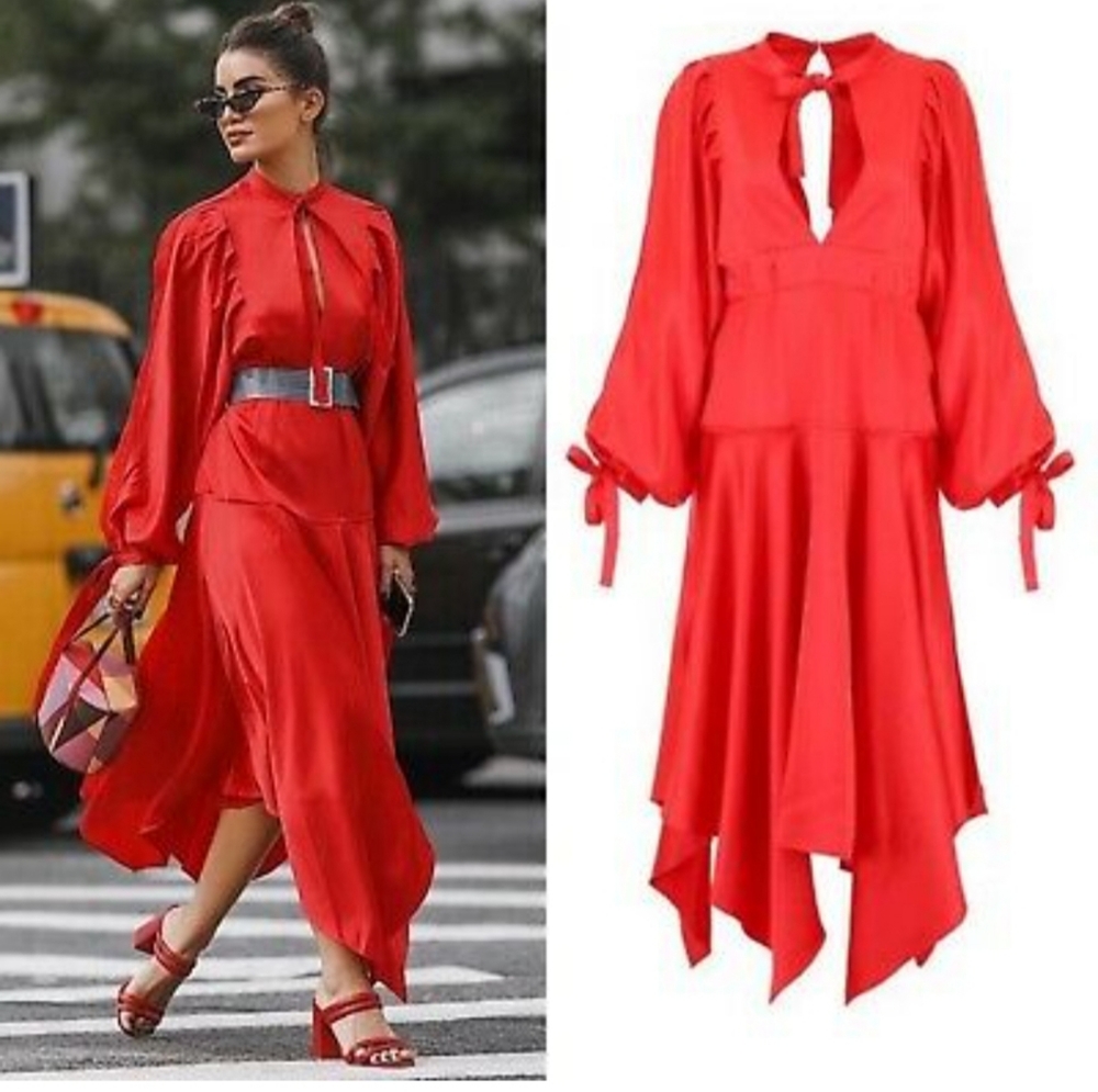NWT Self-Portrait red satin handkerchief hem midi dress - Picture 1 of 16